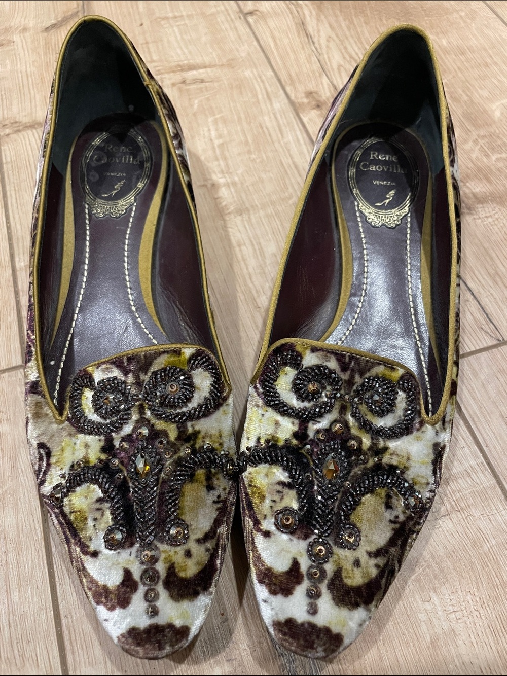 Rene Caovilla Velvet Paisley Beaded Embroidered Pointed Loafers - Size 38